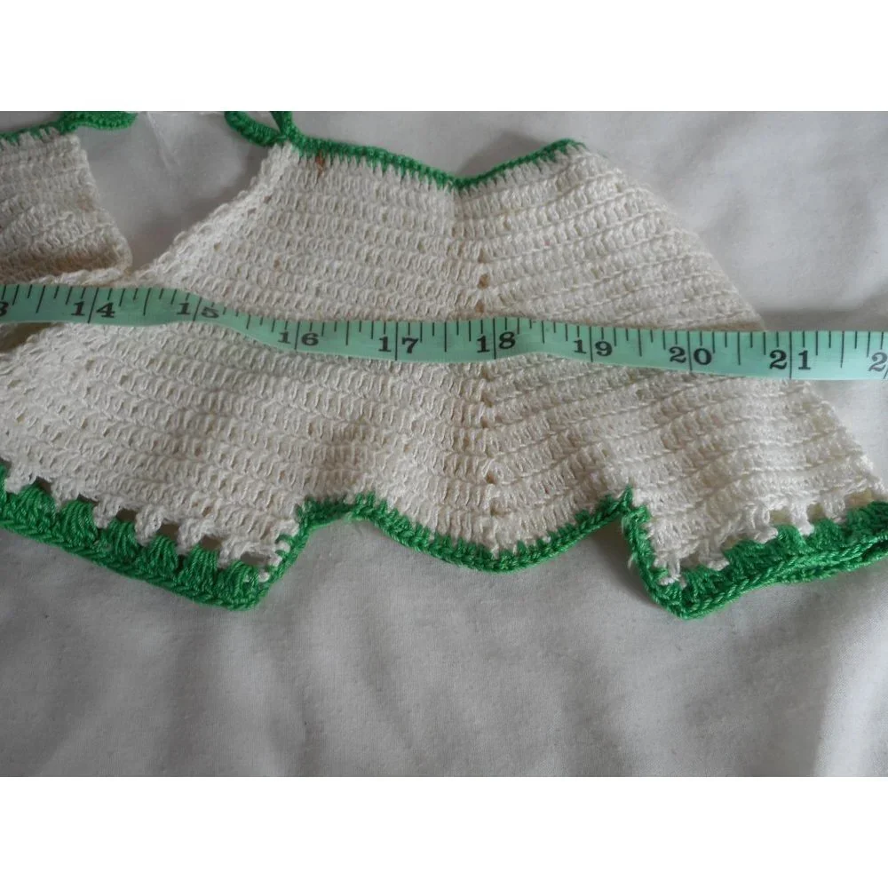 Lot 2 Vintage Hand Crocheted Pot Holder Trivet Cream Green Pants shorts hanging